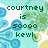 Pixelated image with green text reading 'courtney is 50000 kewl' over a light blue and green background with abstract circular shapes.