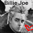 Black-and-white image of a person with styled hair, text 'Billie Joe' above the head, and red or black heart symbols near the face.