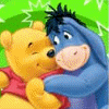 Animated sequence showing Winnie the Pooh hugging Eeyore, then Eeyore alone, followed by Tigger and Piglet on a blue background