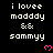Black background with white pixelated text reading "i lovee maddy && sammyy" and pink pixelated hearts, arranged in a pattern with a gray rectangle at the bottom right