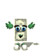 Animated character with dollar bill body, green hands and feet, blue eyes, brown eyebrows, smiling mouth; poses change across frames.