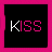 Four black square with pink borders display the word KISS in pixelated text, each showing a different letter illuminated white or pink