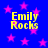 Blue background with pink stars and yellow text reading "Emily Rocks" in four quadrants.