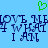 A static pixel art image with a light blue background, featuring a green heart symbol above a repeating wordwall of 'LOVE ME WHAT I AM' in dark blue pixelated text.