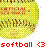 Pixelated circular icon with yellow-green gradient background, brown text reading 'MYOLDICONS', red text 'softball' and heart symbol '<3' at bottom.