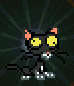 Pixelated black cat with yellow eyes and pink inner ears stands against dark radial background, shifting poses across frames.