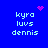 Blue background with light blue text reading 'kyra luvs dennis' in four quadrants, each containing a pink pixelated heart or starburst symbol.