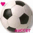 Pixelated soccer ball with black spots on white background, pink heart in top-left corner, pink text on blue background.