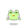 A 4-frame pixel art animation of a green frog mascot with pink cheeks and red mouth, displayed in a 2x2 contact sheet on gray background.