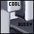 Pixelated static buddy icon featuring bold text "COOL" and "BUDDY" over a grayscale abstract background with geometric shapes.