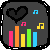 Six pixel-art icons with dark gray backgrounds, black hearts, and color-coded bar graphs showing musical notes in various positions.