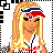 Pixel art contact sheet showing two frames of a softball-themed animated buddy icon with a female character and text.