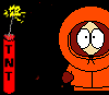 Pixelated character in orange hooded coat holds red TNT stick with yellow fuse, then explodes into fiery blast across three