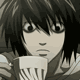 Anime-style character with dark hair holds a white cup, displaying sequential facial expressions across six