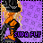 Pixelated animated buddy icon featuring a cartoon character with long blonde hair, orange top, black shorts, and blue shoes against purple background with "SUPA FLY" text.