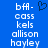 Blue background with white pixelated text reading 'bff - cass kels allison hayley' and a dark blue pixelated heart symbol above the text.