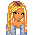 Pixel art of a blonde woman with long hair wearing a white top, blue jacket, orange pants, and brown shoes standing next to text that reads 'Come + here boy!' on gray background.