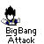 Pixel art contact sheet of a Dragon Ball character performing an energy attack animation across five frames with text "BigBang Attack" below each frame.