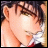 Pixelated anime-style character with brown hair and green eyes, wearing a white and red garment, next to stylized text on a black background.