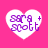 Four heart-shaped icons with pink background and white hearts containing purple text 'sara scott' and a plus sign, showing pixelation differences across frames.