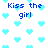 Pixelated blue text "Kiss the girl" repeats over a white background with scattered light blue heart shapes.