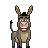 Pixelated 96x96 static icon of a smiling donkey with upright ears, dark mane, and short tail against white background.