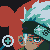 Pixelated character with teal hair and dark green headband, holding a white and teal circular object with a plus sign, against red and black background.