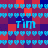 Pixelated of blue hearts on red and purple background with repeated 'tim' text in light blue