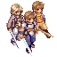 Three pixel-art characters in mid-stride walking pose, wearing brown and blue armor with white accents on a gray background.