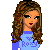 Pixel art buddy icon featuring a female character with long brown hair wearing blue Roxy shirt and flared jeans, standing next to a white kitten on a gray cloud-like shape against white background.