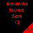 Red pixelated text 'Amanda loves Sam <3' above a red triangular shape with a heart symbol on black background.