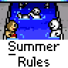Animated contact sheet showing three frames of a pixel art buddy icon with blue water, cartoon characters, and "Summer Rules" text.