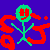 Green stick figure with red heart-shaped eyes and mouth, surrounded by large red curved shapes on a solid blue background.