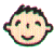 Pixelated cartoon face with black hair, green eyes, and a smiling mouth on the left; same face with open mouth on the right.