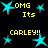 Pixelated yellow text and cyan stars on black background, with repeated phrases 'OMG Its' and 'CARLEY!!' in a