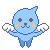 Pixel art contact sheet showing two frames of a blue cartoon cat with wings in different poses against gray background.
