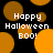 Black background with orange circular shapes and white text reading "Happy Halloween BOO!" in pixelated font.