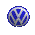 Blue and silver Volkswagen logo animation showing sequential transformation from full circular icon to fragmented vertical line segments against gray background.
