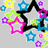 Pixelated star and flower patterns with animated color shifts on a light gray background, alongside static lip icons in neon colors.