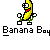 Pixel art contact sheet of 8 animated frames showing a banana-shaped character with green limbs and red mouth in various poses, each labeled "Banana Boy" below.