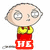 Pixelated cartoon character with large eyes and bald head, wearing yellow shirt and red pants, holding a rectangular sign that changes from 'HE' to 'IS' then disappears.