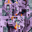 Pixelated abstract composition of purple, gray, and orange shapes with scattered blue dots forming a dense geometric pattern.