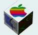 A 4x4 contact sheet of animated frames showing a rotating cube with multiple faces displaying Apple logo, smiling face icon, and 'NEXT' text in various color schemes.