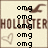 Pixelated icon with repeated 'omg' text, brown bird-like shapes, and large 'HOLLISTER' lettering across the center.
