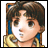 Pixelated anime-style character with brown hair and blue earrings, wearing a yellow garment, next to black background with white text.