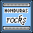 Two side-by-side pixelated icons display "HONDURAS" and "ROCKS" text with contrasting color schemes, one blue background with white elements, the other white background with blue elements.
