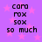 Purple background with pink stars and black pixelated text reading 'caro rox sox so much' in two identical vertical