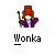 Pixelated character with red top hat, purple coat, and brown cane stands above 'Wonka' text on gray background.
