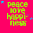 Bright pink background with green text reading "peace love happiness" and scattered blue and purple stars.