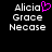 Pixelated text displays 'Alicia Grace Necase' with a pink heart symbol replacing the letter 'i' in Alicia on the left side of the image.